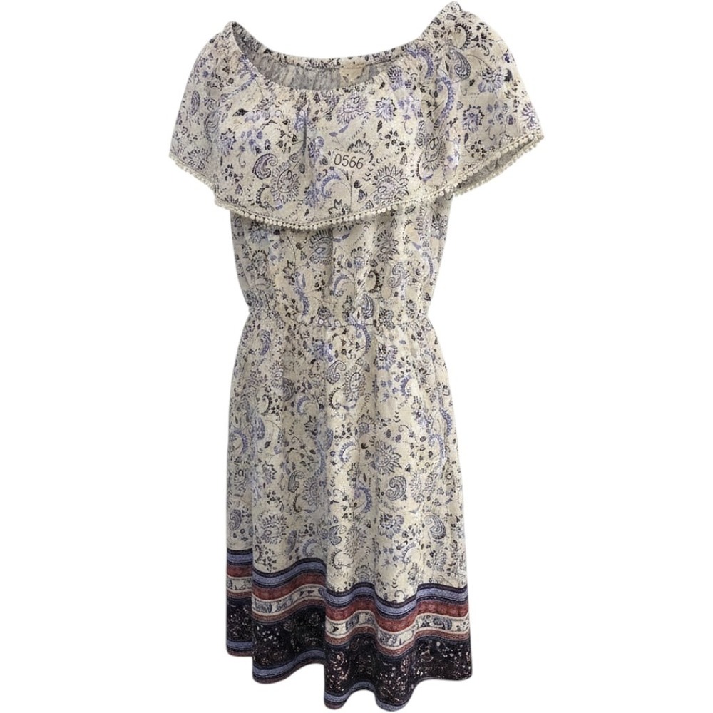 Faded Glory Dress Womens L Blue White Floral Paisley Off Shoulder Ruffle